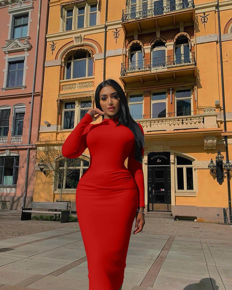 GOBLES Women's Elegant High Neck Long Sleeve Bodycon Midi Party Long Dress Red - Image 5